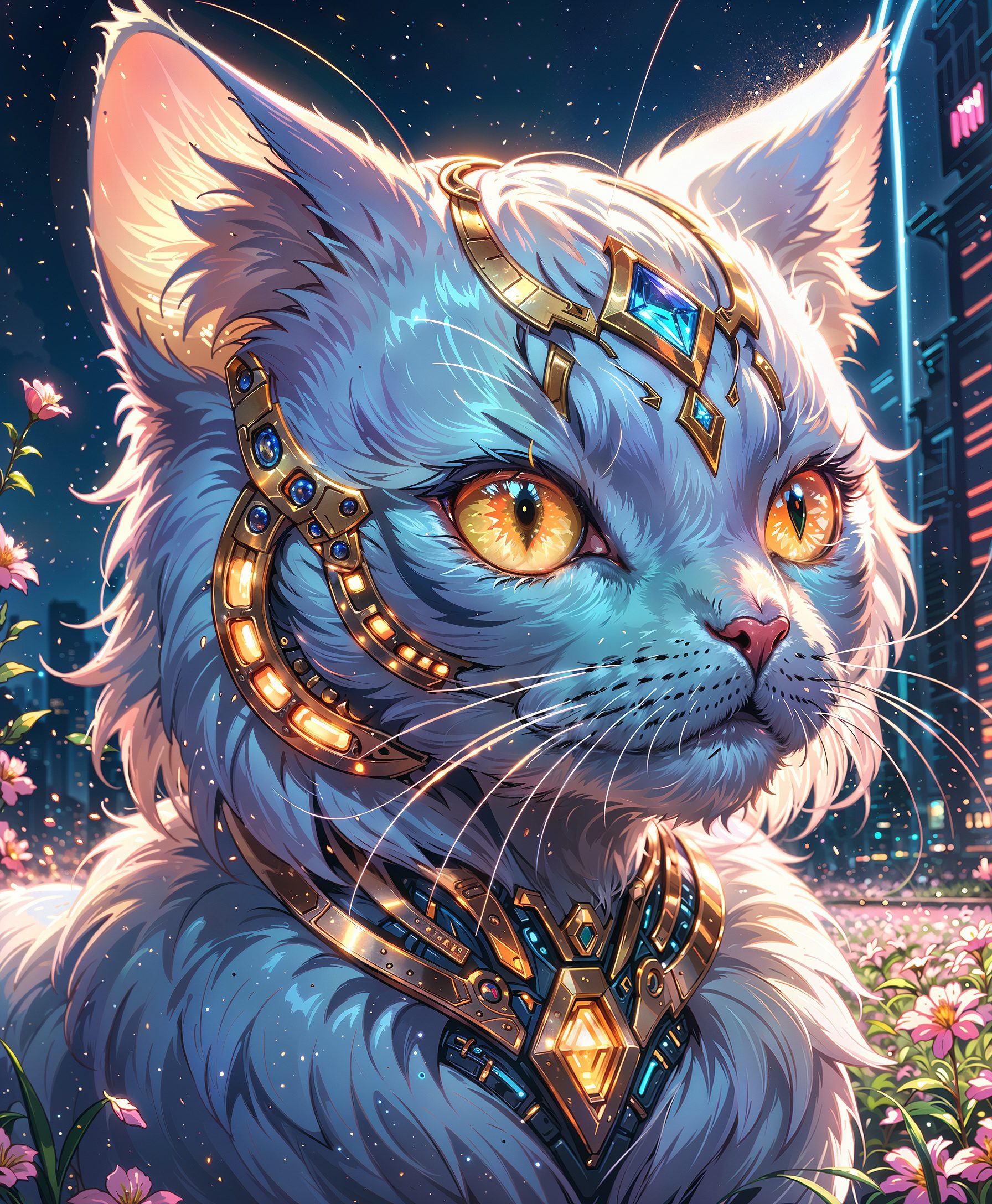 (anime screencap:1. 3) of an ethereal cat in a colorful floral field, its mouth wide open to reveal sharp fangs. The background features faintly overlaid cybernetic patterns, with extremely intricate soft glows on circuit lines, creating a sense of energy. Neon light reflections are subtly integrated into the cat’s fur, enhancing its otherworldly appearance. The close-up emphasizes the intricate digital elements and details, showcasing the delicate interplay between the cat's natural features and the cybernetic