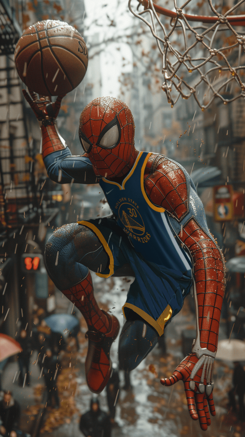 Marvel's spiderman playing basketball, he is jumping to dunk on the hoop wearing the golden state warriors stephen curry #30 jersey, realistic perspective, surrealistic realism, emotive realism, soggy, eerily realistic