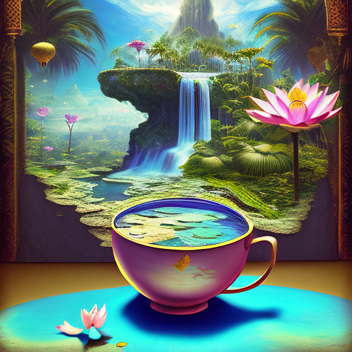Best quality double exposure complex surreal painting on cracked paper , macro microworld hyperdetailed insanely detailed surreal tiny genie spirit creature , flying oasis landscape placed inside cup on the table in room. Waterfall, lotus flowers, temple palms desert filigree , table cinematic, big eyes 32k, by rockwell, wlop ryniac, craola, disney, van gogh , highly detailed, intricated, intricated pose, high quality, centered, perfect composition.