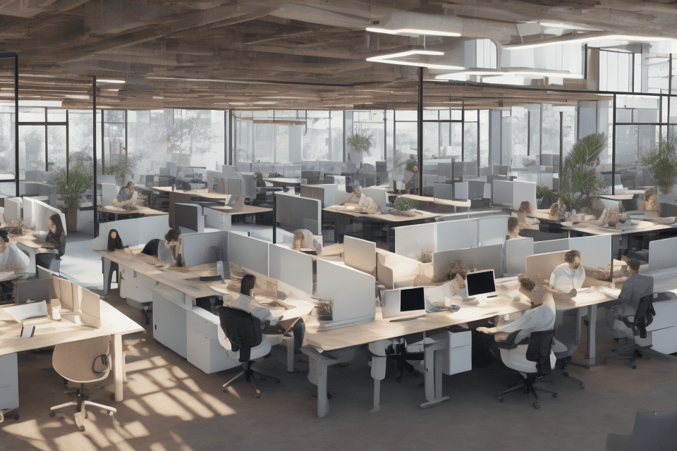 Photo of a ultra realistic co-working space , some digital nomads are seated on different dedicated and hot desks and are working, 4k , high resolution photo , front view photo not perspective