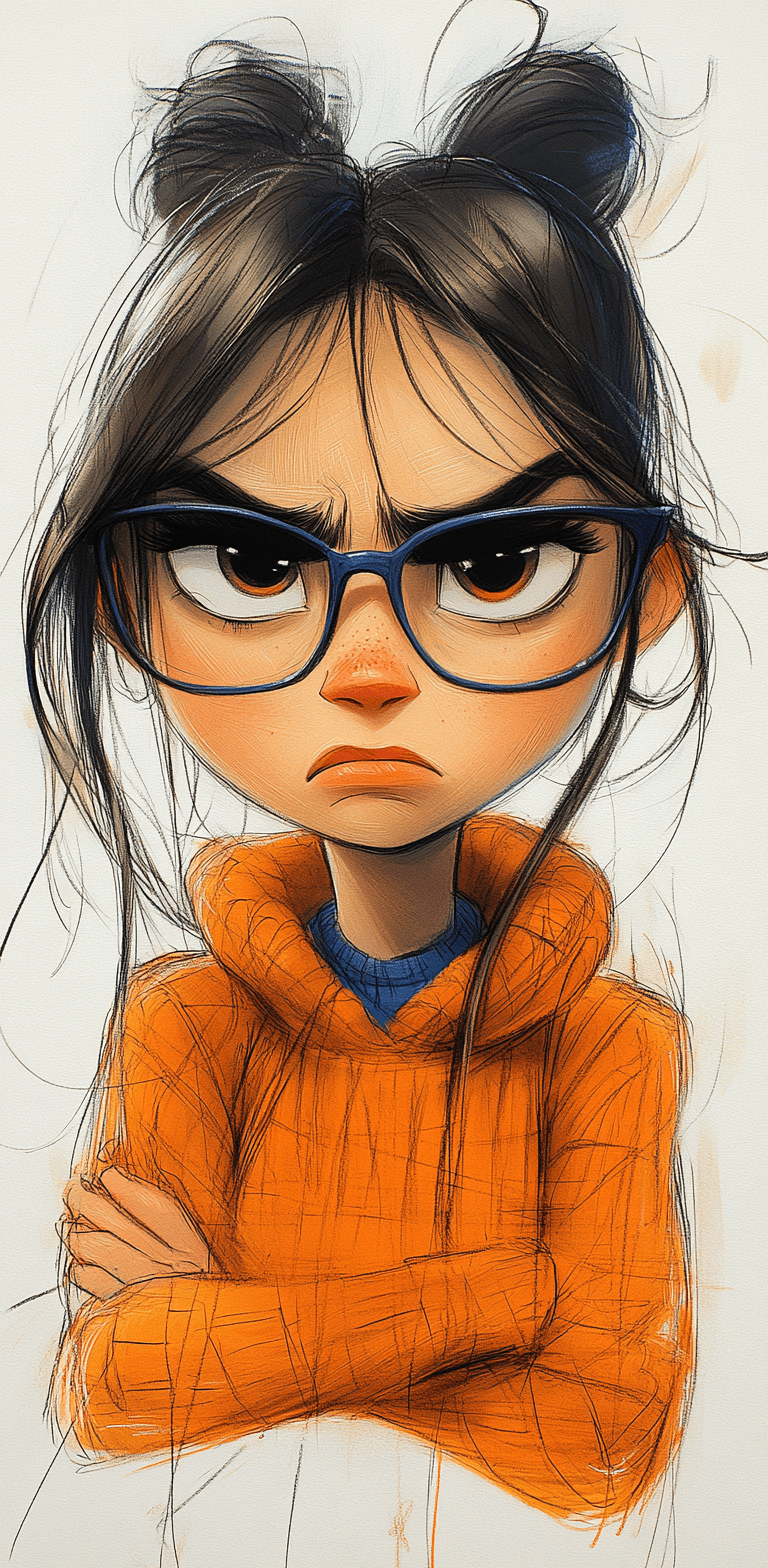 Cartoon sketch of an angry girl with glasses, white background, drawing made in colored pencil and thick lines, in the style of pixar, high resolution, white border --ar 63:128 --stylize 750 --v 6. 1