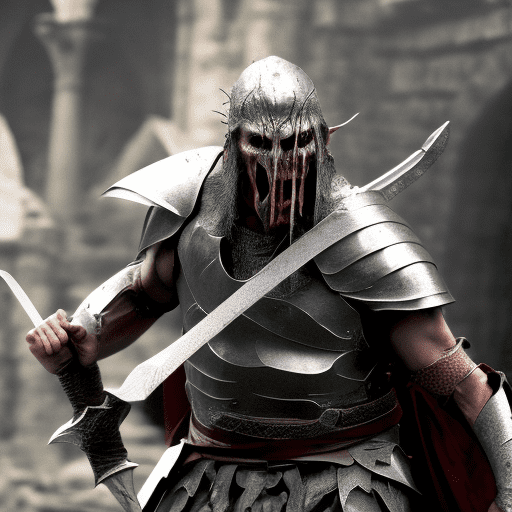 High resolution photography of the most violent uruk hai from the lord of the rings, fighting in the helms deep, with his armor and with his sword