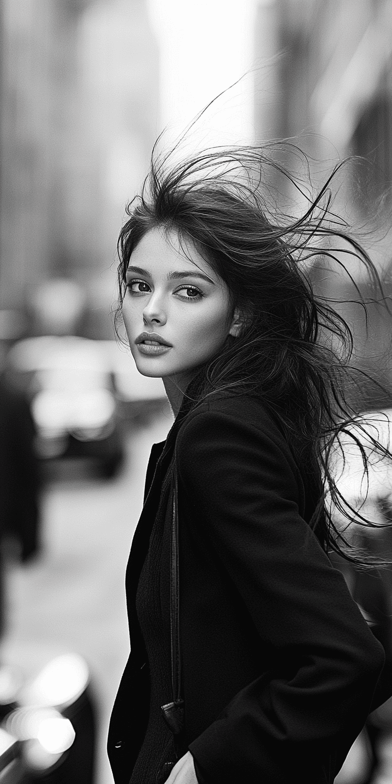 Black and white street photography of a beautiful woman with long hair, blurry background and motion blur, in the style of peter lindbergh --ar 1:2 --personalize 2gwf1qc --stylize 750 --v 6. 1