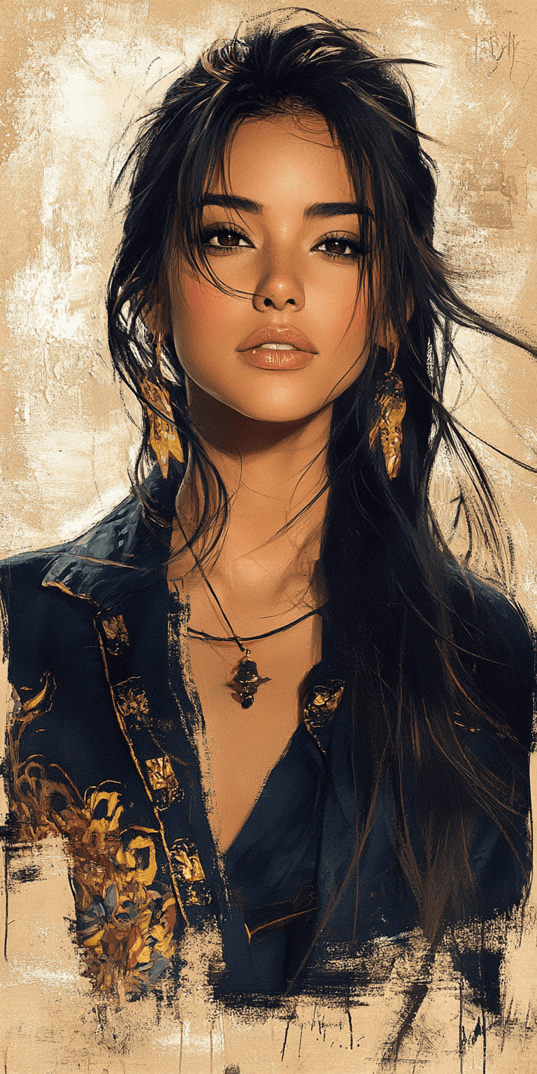 A woman with long black hair in a gold painting, in the style of charlie bowater, dark blue and dark black, michael garmash, comic art, realistic color palette, dark black and beige, soft-focused realism --ar 1:2 --personalize 2gwf1qc --stylize 750 --v 6. 1