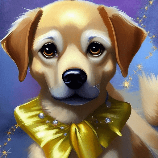 Disney style, with natural makeup, oil painting by naomi okubo, kawaii, anime chibi, a yellow labrador dog, lustrous silver fiber, a diamond feature, and a flowy chiffon gown --q 2 --niji 5 --ar 2:3
