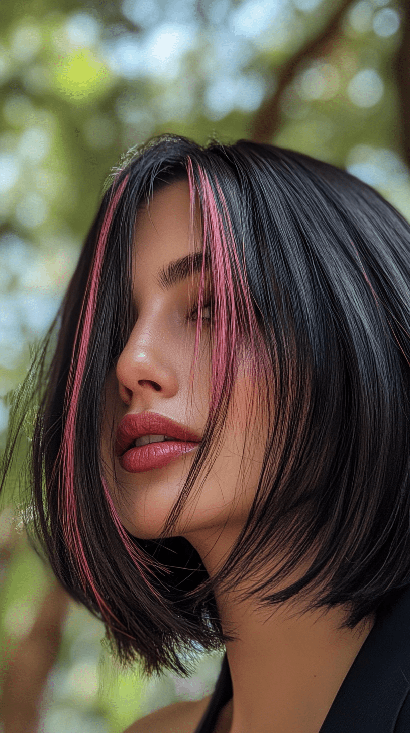 A closeup of angelina jolie type of model with bob-cut straight black hair, with pink balayage highlights, the woman's face partially obscured in the style of her straight hair. The focus is on the rich color of her hairstyle, set against an out of focus background that suggests natural surroundings. Her lips have subtle pink lipstick, adding to the romantic atmosphere. She wears business attire. Shot in soft lighting, the photograph captures every detail of texture and shine within her beautiful locks. --ar 9:16 --v 6. 1