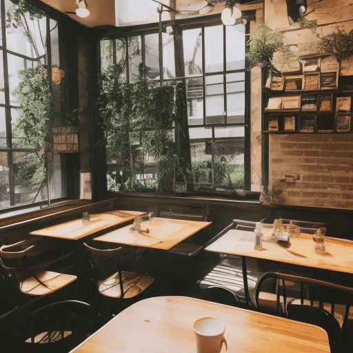 Imagine a cozy café located in a bustling city. The café has large windows that let in plenty of natural light. Outside, you can see people walking by, some carrying shopping bags, others walking their dogs. Inside the café, there are comfortable chairs and wooden tables. On one of the tables, there is a steaming cup of coffee next to a book with a beautiful cover. A barista is behind the counter, skillfully making another cup of coffee. The walls are decorated with framed pictures of famous landmarks from around the world. The atmosphere is warm and inviting, with soft background music playing.