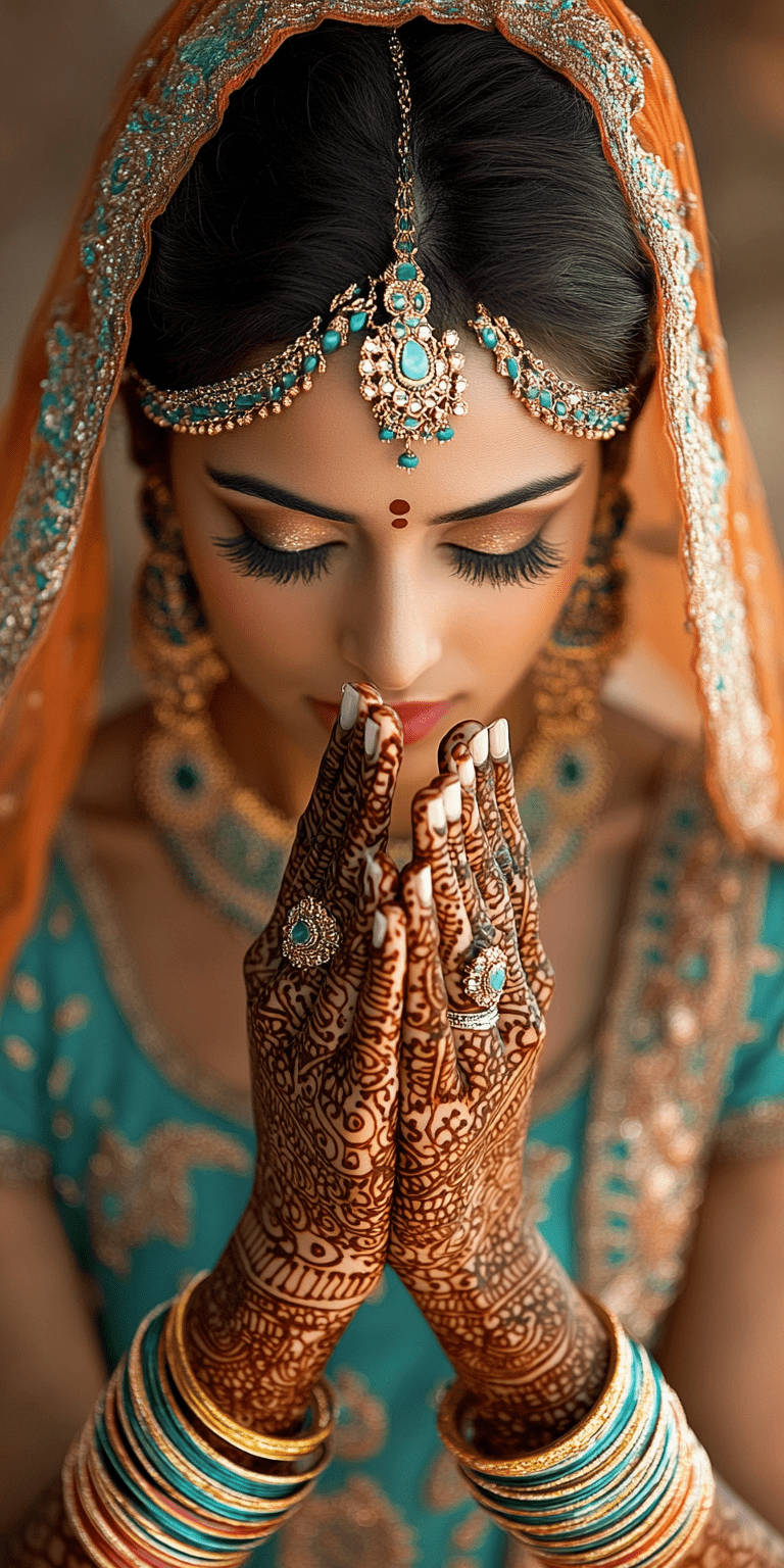 A beautiful indian bride in traditional wear with henna covering her hands, in the style of light red and light emerald, high-contrast shading, intense coloration, crisp detailing, zeen chin, photorealistic, ultra-detailed, hyperrealistic, shot on 70mm with wide angle lens, indian-inspired motifs, dark amber and emerald, dark turquoise and brown, orange and emerald, red and emerald, dark crimson and turquoise, high definition --ar 1:2 --personalize 2gwf1qc --stylize 750 --v 6. 1