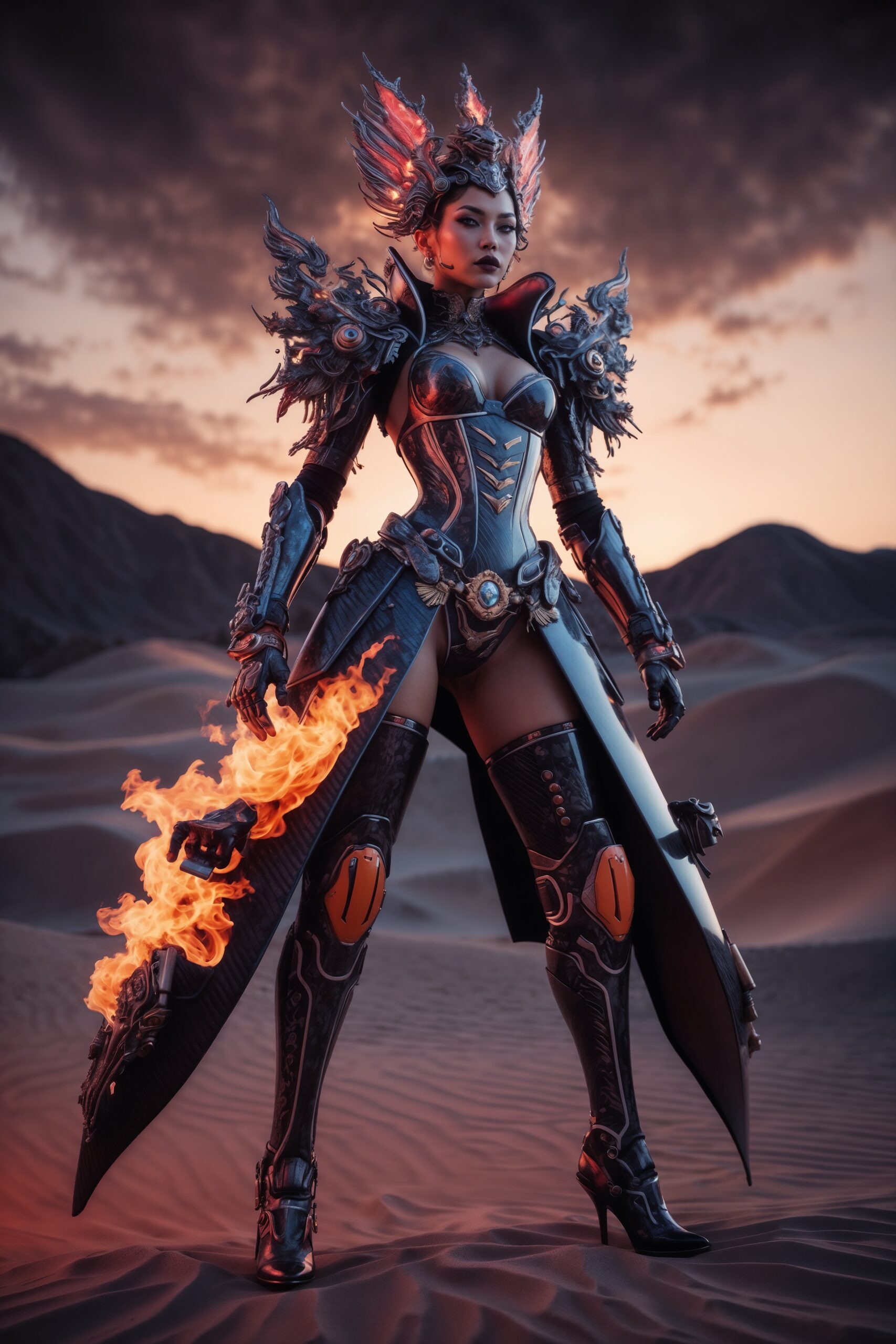 A highly detailed, hyper-realistic, futuristic warrior stands poised, and ornate, comprised of intricate, printed carbon fiber, ablaze with vibrant, set against a dark, desert background, evoking an astropunk aesthetic, viewed from an eye-level angle, adorned in a stylized, harajuku-inspired outfit, complete with accents and accessories, exuding an aura of excitement and dynamism, illuminated by a dramatic, with a perfect, pristine, and lushly detailed, showcasing an exaggerated, yet realistic, physique, reminiscent of an unreal engine render, with a surreal, dreamlike quality.