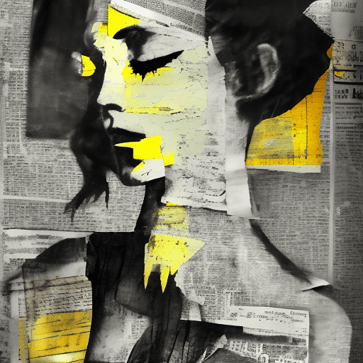 Mixed media artwork + (scratchy faded torn up newspaper overlay:2. 0) , emotional girl + elegant dress + skin + in the style of surrealist expressionism, grainy fuzzy distorted, canvas effect muted yellow grey black, faded weathered effect color scheme, dreamlike atmosphere, abstract and distorted forms negative effect negative illusion picture inverted retro neon color pop