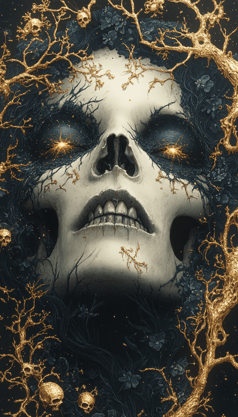 Perfect very detailed eyes , glowing , creepy teeth, skeletal, amber heard, malice, skulls, tendrils, dark atmosphere, greyscale, detailed linework, cinematic, psychedelic, black paper with vibrant amethyst line work, ornate, symmetrical, tarot card, highly detailed, ink illustration, style of peter mohrbacher, gold and blue details --ar 4:7 --s 750 --v 6. 1