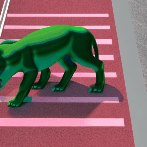 Realistic green panther standing on tow feet, on the zebra crossing inrealistic pink panther standing on tow feet, on the zebra crossing in a large, realistic metropolis, with pink huesa large, realistic metropolis, with yellow hues