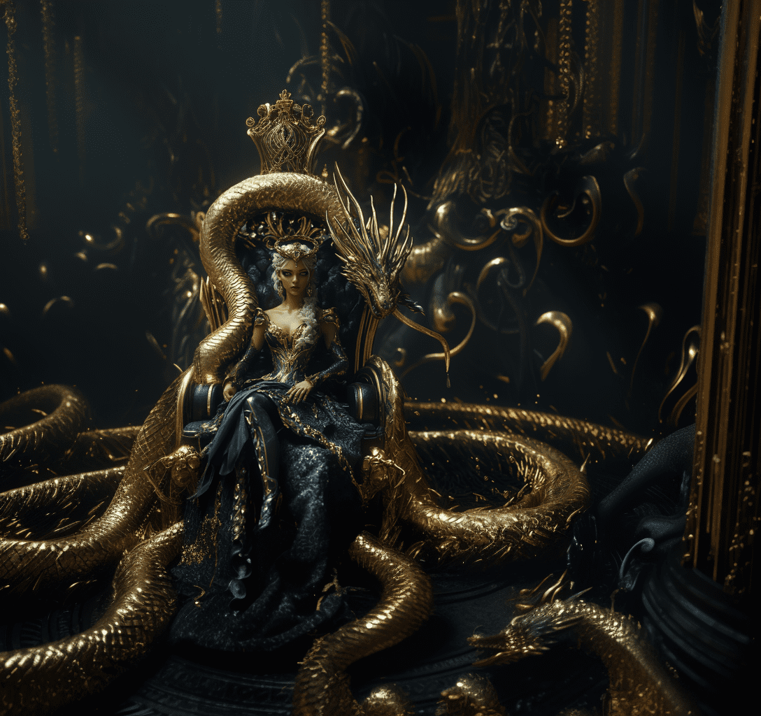 A very beautiful queen sitting on a black throne made of gold, with a serpent-dragon like elements and design, intricate details, dramatic lighting, hyperrealism, photorealistic, cinematic, 8k, unreal engine --ar 71:67 --v 6. 1