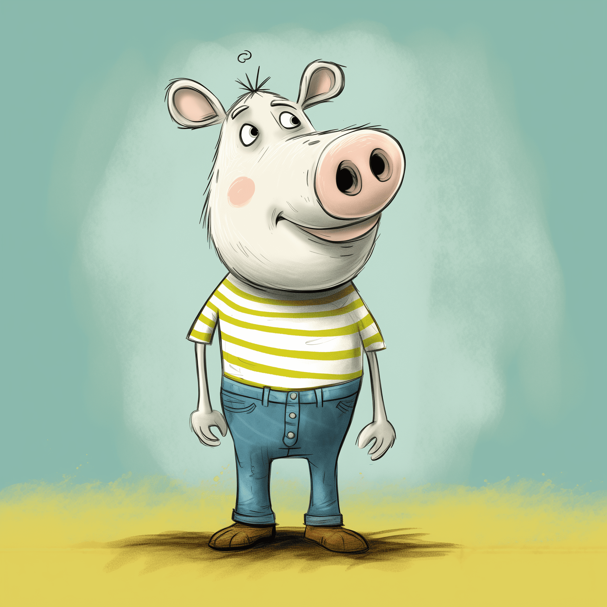 A white pig with black eyes and a blue-striped shirt is depicted in the style of eflora's cartoon character, with a yellow background and green border. The scene includes his head tilted down, as if he were speaking to someone, which adds an animated touch to it. His expression seems playful or mischievous due to his oversized ears and large snout. He has long eyelashes that give him more expressive facial features, adding charm to the illustration. --v 5. 2