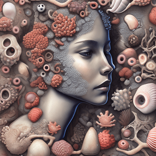 The anatomy of a girl's head made of crabs corals and shells, octopath traveler, vanitas, angular, altermodern, surreal --ar 4:5 --s 50 --v 6. 0 --style raw