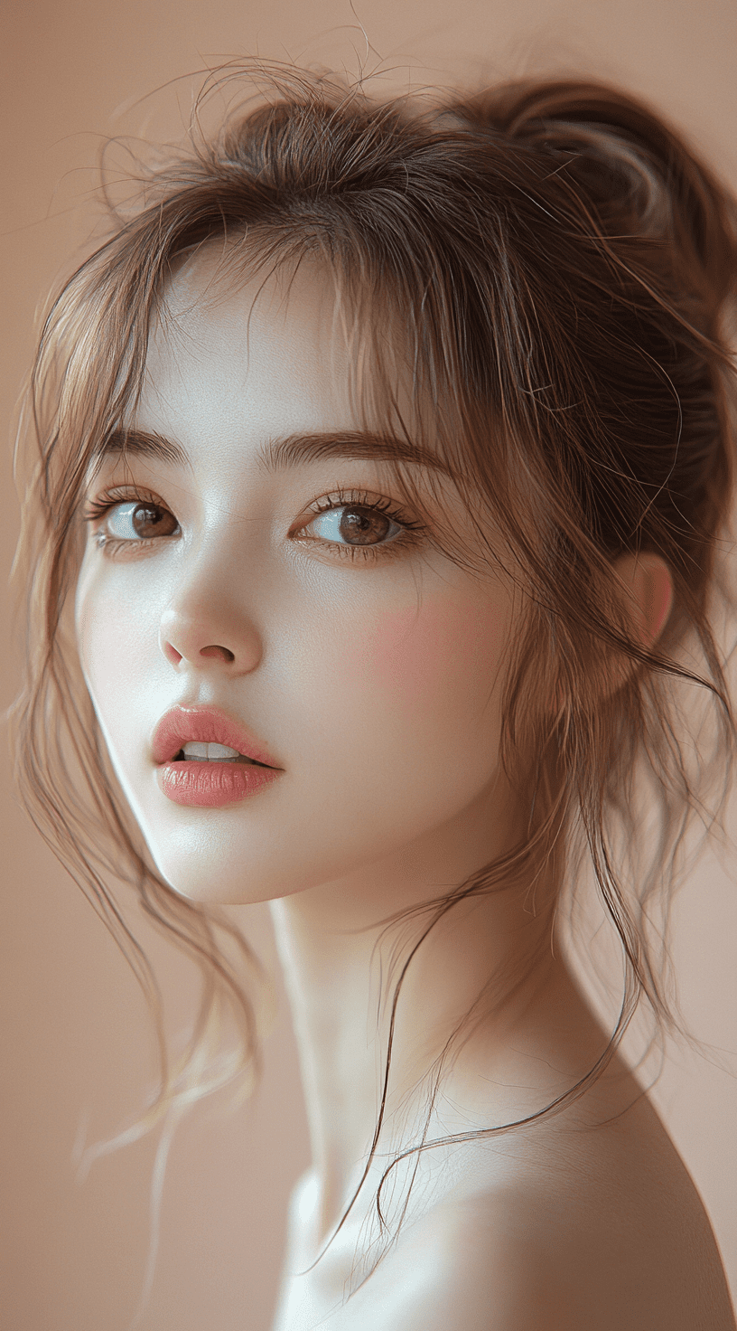 A beautiful chinese girl with brown hair in a low bun and light makeup, big eyes, peach pink background wall, half-length photo shows her portrait in natural lighting with soft tones, close-up of her face with light blush on her cheeks, glossy lips, and delicate skin texture, natural expression with soft shadows --ar 71:128 --stylize 750 --v 6. 1