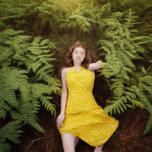 Best quality, 4k, highres, masterpiece, ultra-detailed, realistic, portrait girl with freckles, in yellow dress, lying in the forest under fern bush, yellow light above, beautiful figure, bright sun colors, shallow depth of field, soft atmospheric scenes, powerful portraits, perfect anatomy, best quality, highres, realistic photo, professional photography, cinematic angle, dynamic, light shining, cinematic lights, light fog around,