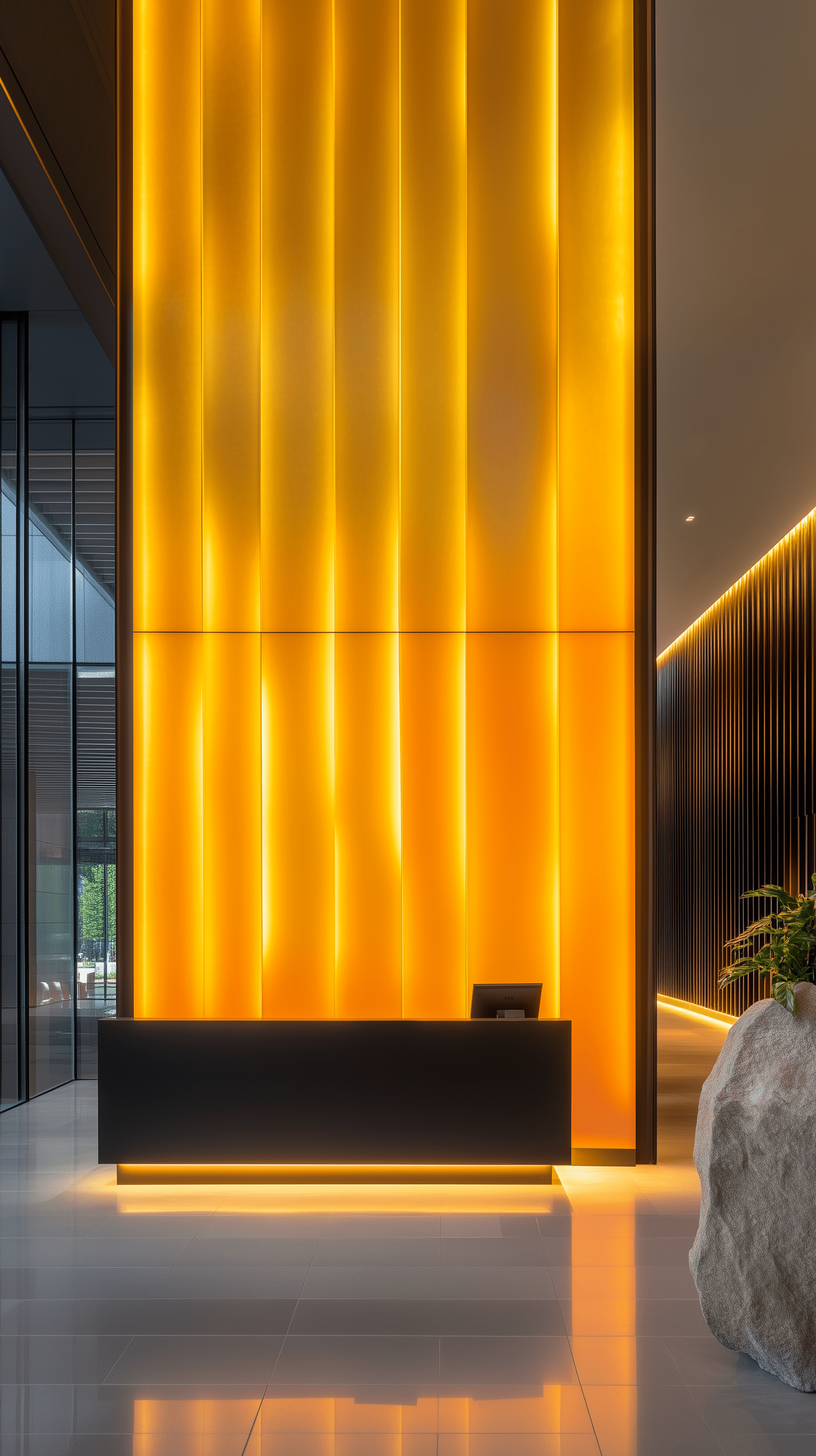 Architectural photography, perspective, interior space, vertical light panels transition from vibrant yellow to acid orange hues, creating an ethereal gradient effect, modernism, expert, underpinned by stark black structures, with a minimalist reception desk subtly lit to enhance the sleek design, foreground, a large, raw stone adds a touch of organic texture, used camera is sony α7r iv, paired with a sony fe 24-70mm f/2. 8 gm lens, set to an aperture of f/8 for optimal depth of field and sharpness, shutter speed of 1/125 to freeze the ambient light play, keeping iso at 100 for the finest image quality, ensuring every detail from the light patterns to the material textures is vividly and professionally presented, realism lighting, realistic, uhd resolution, detailing --ar 9:16 --style raw --v 6. 1