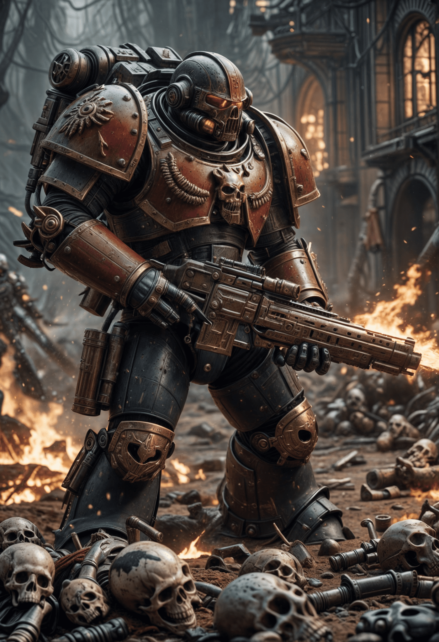 A cinematic scene in the warhammer universe , a spacemarine fire his bolter, shiny, bloody , skulls, bones on the ground