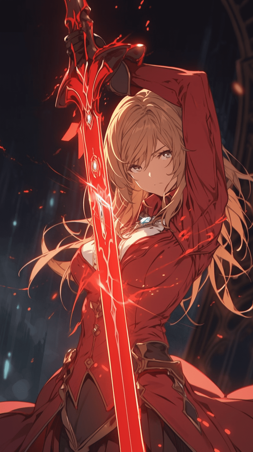 A member of the anime sao. Heroic party. An attacker girl dressed in red. Her weapon is a dagger in each hand. She is trying to defeat her enemies in a dark room. She has removed her own limiter and her body is glowing red-yellow. --niji 5 --ar 9:16