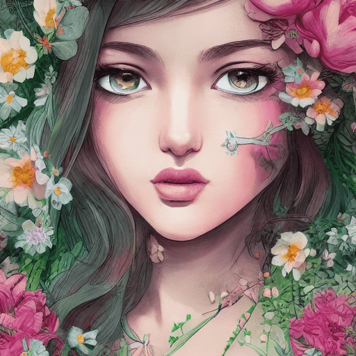 Picture of a girl dressed in flowers, in the style of artgerm, loose linework, lush and detailed, detailed facial features, cottagecore, nature-inspired, close-up intensity --ar 74:95 --stylize 750 --niji 6