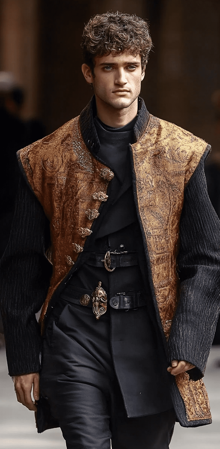 Modern photo of the nero the emperor on the runway of paris fashion week, with a minimalistic design, shot with soft lighting and high-resolution photography in the hyper-realistic, highly detailed style of an artist --ar 63:128 --stylize 750 --v 6. 1