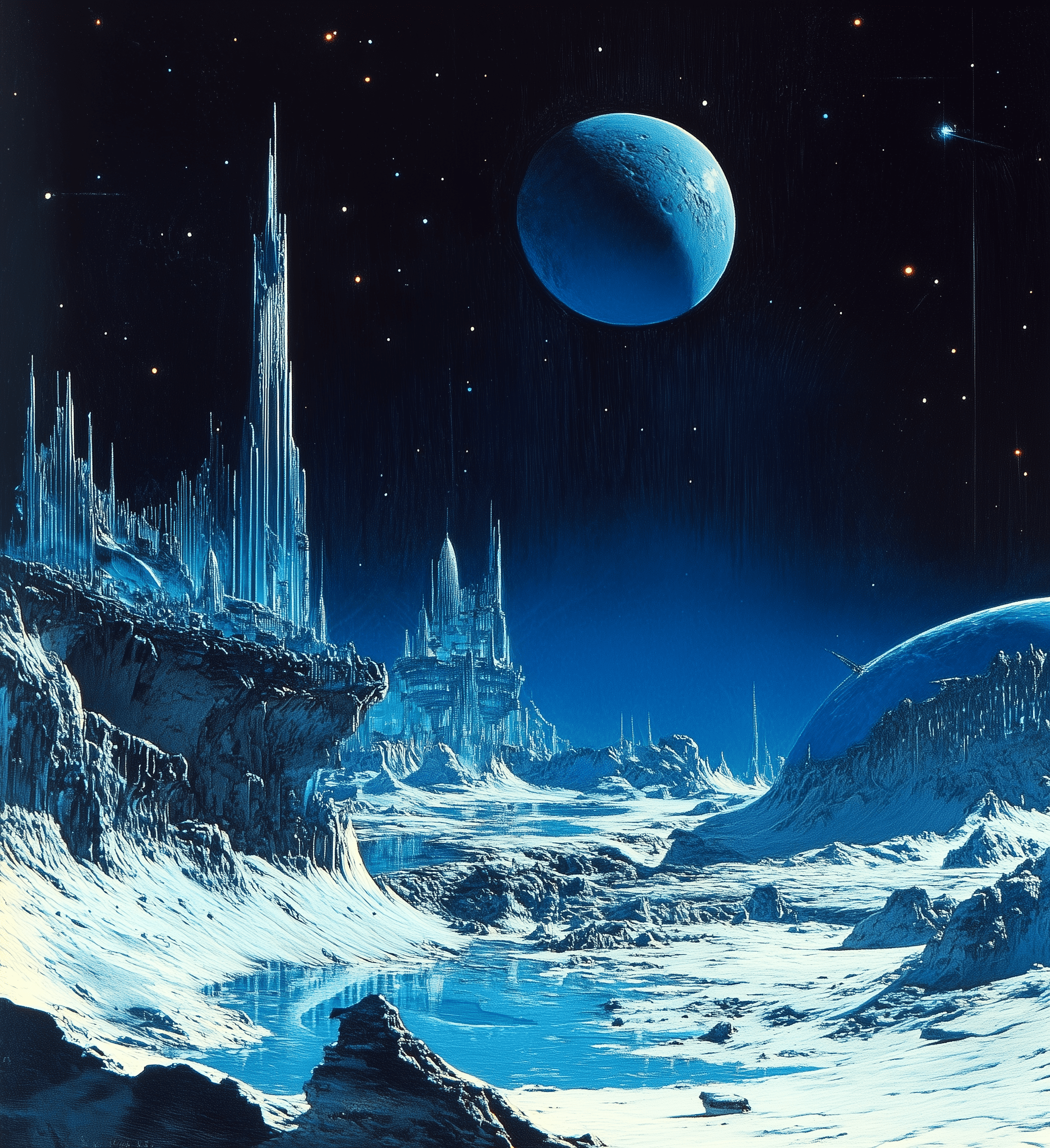 A blue planet with an alien city on the horizon, by roger dean and wayne barlowe --ar 53:58 --v 6. 1