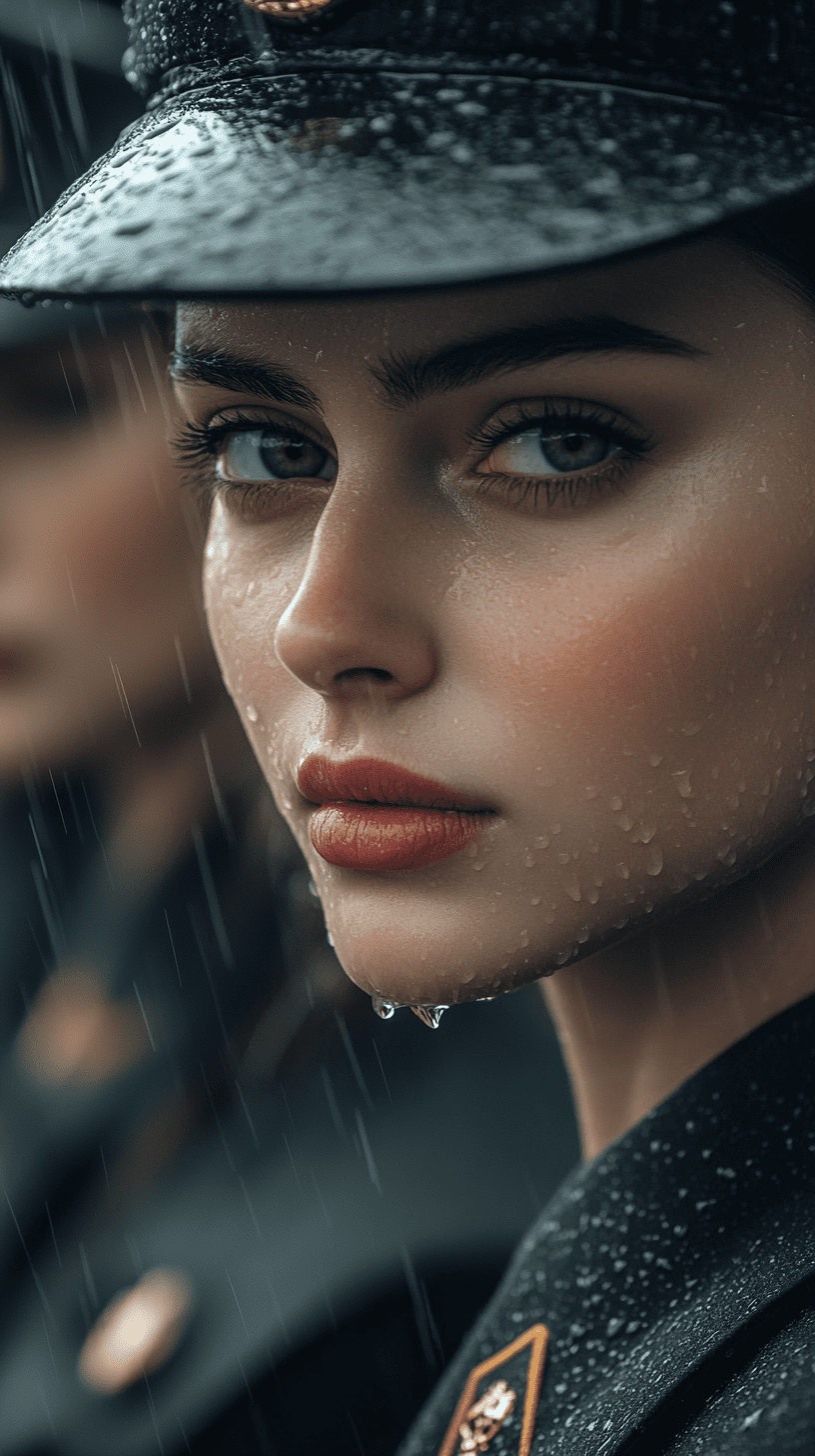 Up close, observe several cold white russian women in uniforms with beautiful faces. Rainwater flows down their cheeks as they line up in an outdoor parade ground. This photo was taken while it was raining, with cinematic lighting, ultra clear and detailed facial features. Close up shots have photo quality and high resolution. Facial makeup, healthy lip color, no officer hat, no hat --ar 9:16 --v 6. 1