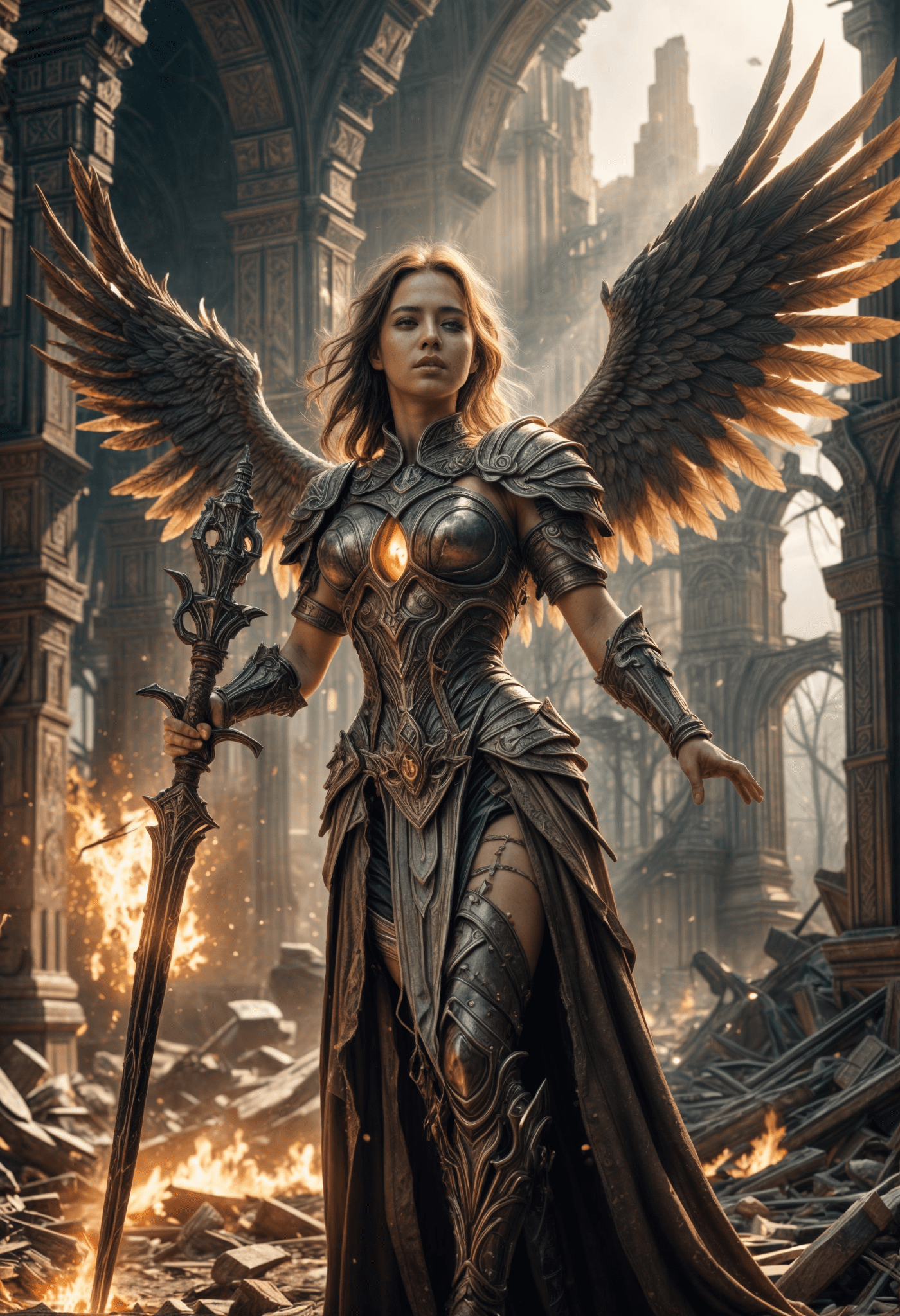An very beautiful apocalyptic angel of jugdements day, dynmaiv lights, epic, glowing , very high sunlight after her, standing epic , in ruins of the human race, destroyed landscape, firesword in hand, angry view in face