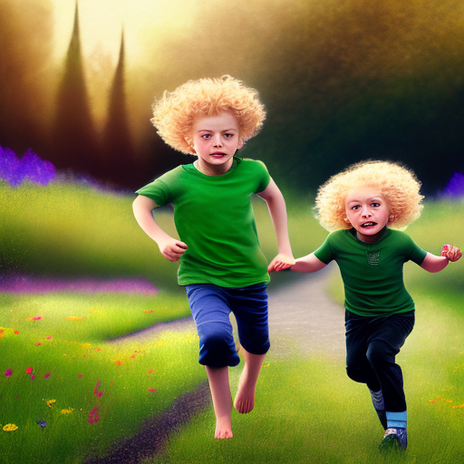 Hyper realistic photo, 2 boys, blonde hair, blue eyes, 8 years and 6 years, 2 years girl, blond curly hair, black eyes playing, running, beautiful green land, flowers, trees, high quality