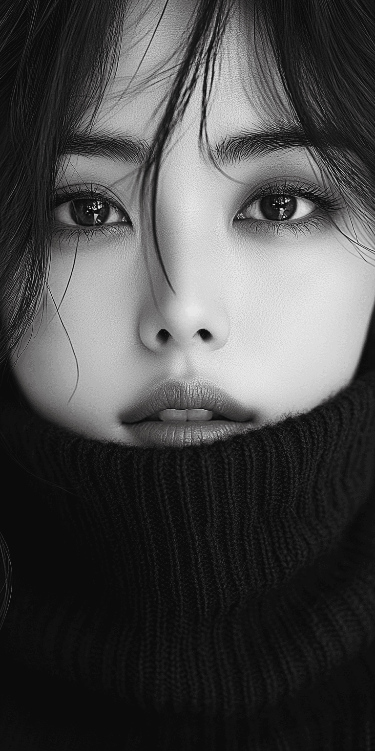 Beautiful chinese female model with her face covered in a black turtleneck sweater, close-up shot of her eyes and eyelashes, minimalist background, soft lighting, black and white photography, hyper-realistic, high contrast between the subject's skin color and hair texture --ar 1:2 --stylize 750 --v 6. 1