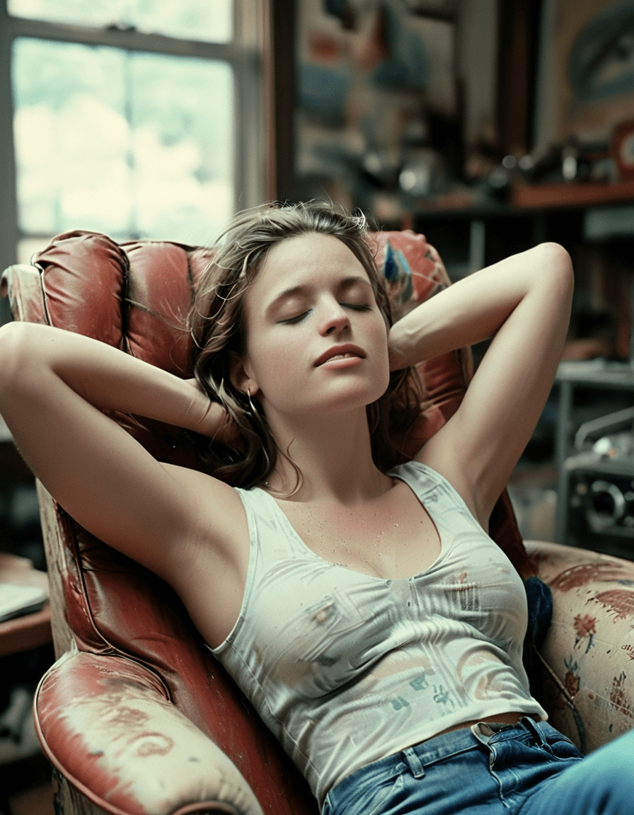 Candid, analog film photograph, woman, leaning back in a comfy chair, relaxing, eyes closed, mouth slightly open, hands behind her head, tank top, plunging neckline, jeans, cleavage, casting shadow style, iso 200 faded film, 35mm photo, grainy, vignette, vintage, kodachrome, lomography, stained, highly detailed, found footage