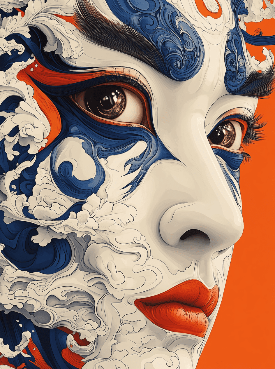 Hyper close-up, three-dimensional illustration, close-up portrait of a chinese opera character design, peking opera, side view with a blue and white porcelain color scheme and an orange background, in a minimalist, abstract art style, using vector graphics, high resolution, 3d rendering, bright colors, bold lines, and strong contras, high-definition details, high quality --ar 73:98 --stylize 750 --v 6. 1