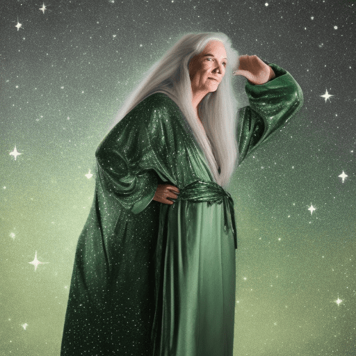 Middle age woman wearing a silver and green robe, long silver hair, stars in sky, starlight mood, long