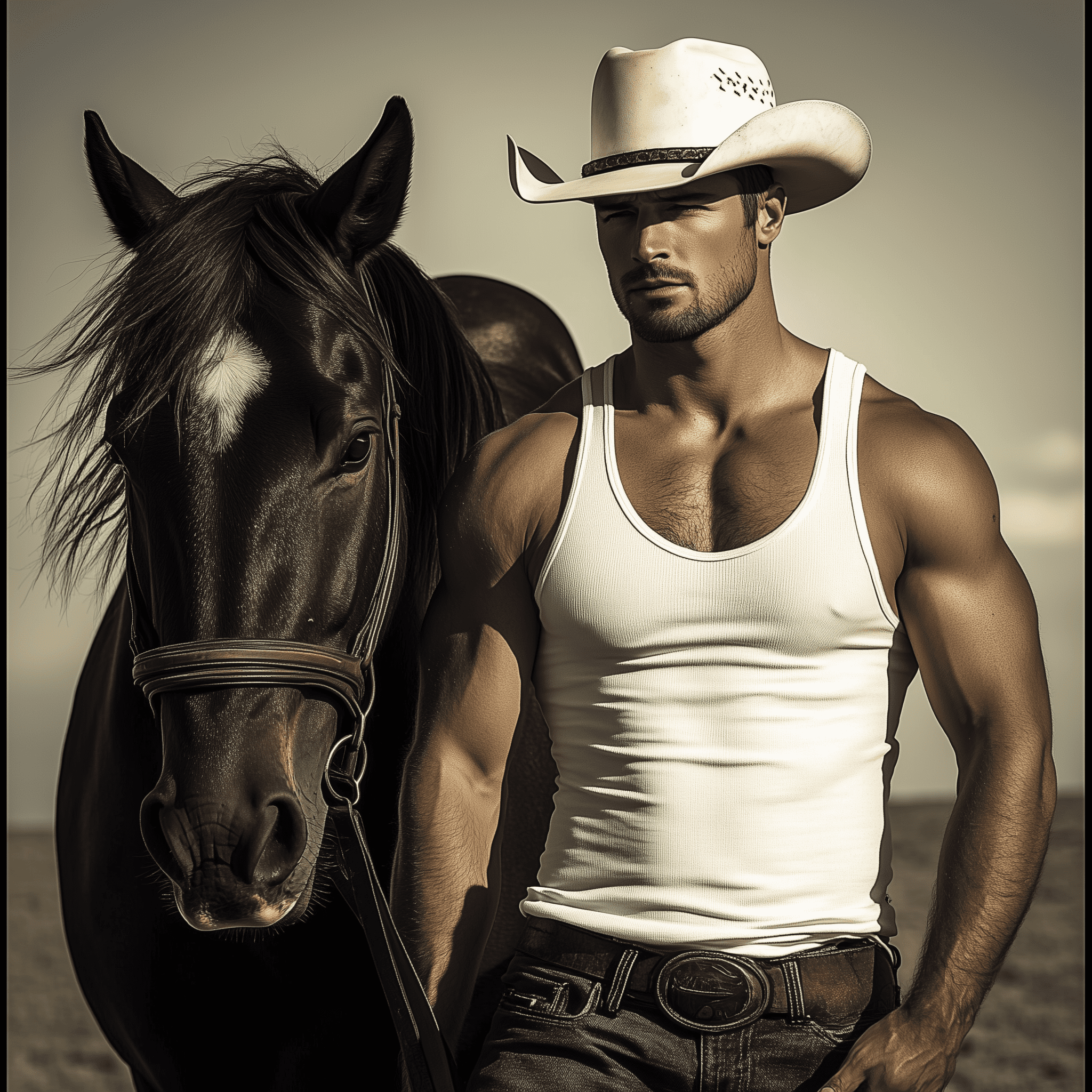 Handsome, muscular man in a white tank top and cowboy hat standing next to a beautiful horse, a realistic photograph. --v 6. 1