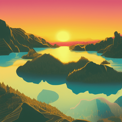 Epic retro sunset, mountain lake scene, green, gold, illustration, inspired by james jean