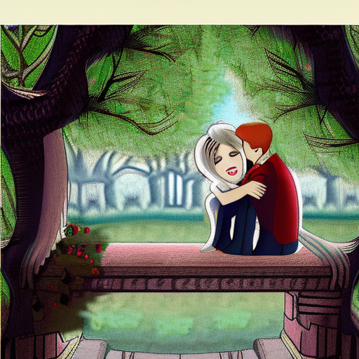 An image of poppy and casteel from the book from blood and ash written by jennifer armentrout. Poppy and casteel need to be under the vines of a large oak tree. Poppy should be dressed in a beautiful red gown and be sitting on casteels lap who is sitting on a bench. They should be kissing and holding one another