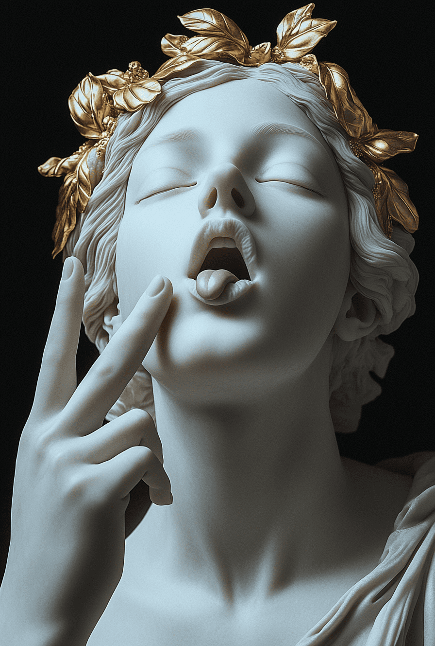 A white marble statue of an attractive woman with a gold laurel wreath in her hair, she is wearing gloves and holding the tip of her tongue out while another hand touches it, black background, hyper realistic photography shot in the style of canon camera using fujifilm superia film. --ar 43:64 --v 6. 1