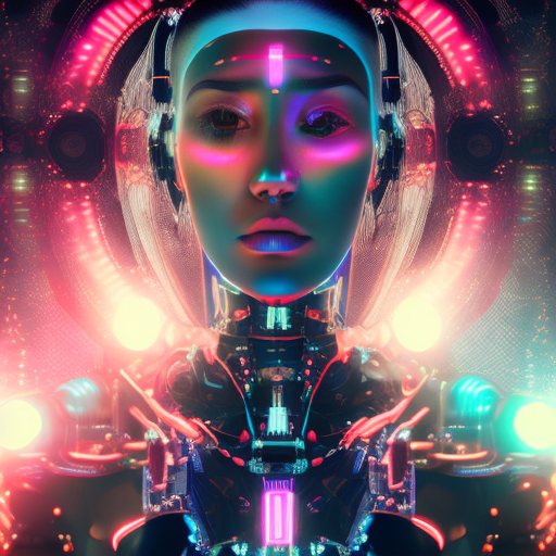 Cyborg girl with cybernetic implants on her face in the style of neon lights, studio photography, lithograph, photo taken with provia, sharpen lens, chiaroscuro portraitures, sombre