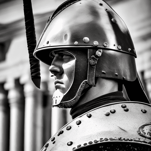 Extreme low angle photo of a roman legionary wearing his helmet and armor, he is awaiting for the start of a new march, canon eos 90d 35 mm, --ar 4:6 --v 6