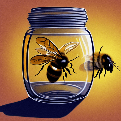 Bee in a jar. The jar is a whole world. Side view. High realism. Artistic image.