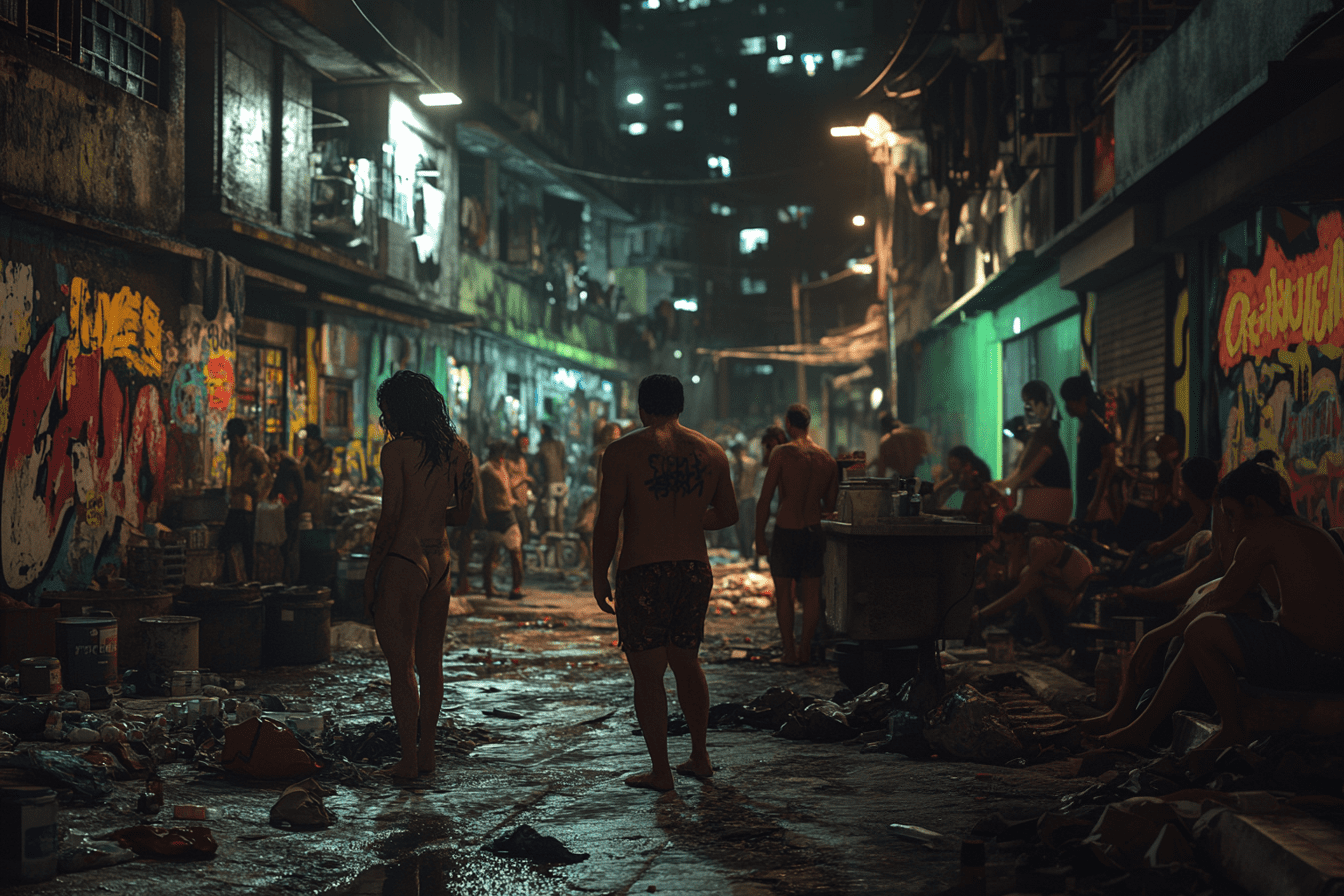 Create an 8k image with cinematic and realistic details of cracolândia in são paulo, brazil. The scene should depict a busy and chaotic street, with a focus on people in different states of distress due to drug use. The scene should capture the desolation, abandonment and daily struggle of the individuals, showing the degradation of the urban environment, with graffiti, garbage and deteriorated buildings in the background. The lighting should reflect a dark and oppressive tone, with deep shadows and a charged atmosphere, to convey the gravity and social impact of the context. --ar 3:2 --v 6. 1