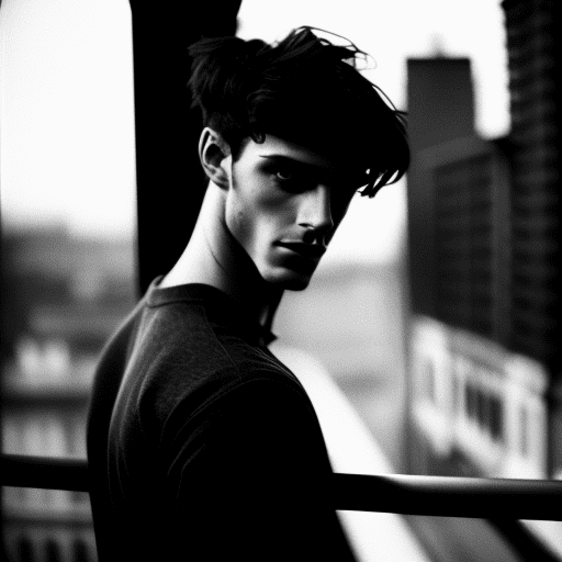 Moody, over-the-shoulder 100mm film camera editorial shot captures a young man, likely in his early twenties, with a strong jawline and piercing green eyes, slightly open full lips, thick eyebrows, his dark hair messy and unkempt, leaning languidly against the railing of a balcony at dusk, the cityscape behind him a soft, gradient blue haze. His crisp, white shirt is open, revealing a hairless chest and a golden necklace with the shape of the african continen, the flickering flame of the lit lighter he holds, its warm, golden light dancing across his chiseled features, illuminating the sharp angles of his nose and cheekbones. The air is thick with atmosphere, as the young man's gaze is lost in thought, his brows furrowed in contemplation, the entire scene bathed in a warm, cinematic grainy glow.