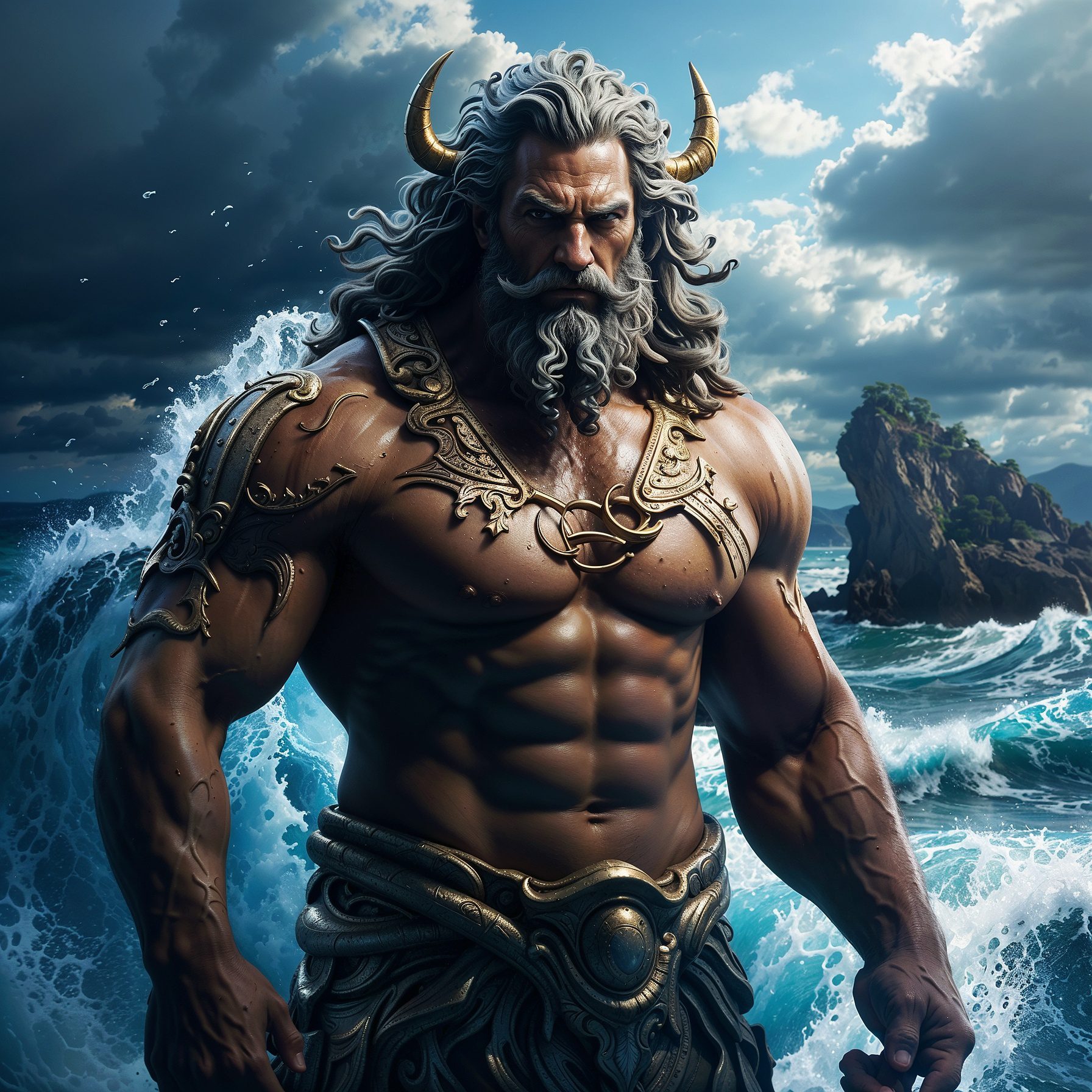 Create an 8k character concept art of poseidon from greek mythology, styled as a character from one piece. The full-body illustration should feature a symmetric physique and be extremely detailed, with cinematic lighting and high contrast to highlight the character’s features. The background should be a dramatic, water-themed scene. The artwork should be suitable for artstation, with a stylization strength of 600, and a 9:16 aspect ratio for a vertical composition. The quality should be top-tier with a focus on high detail and dramatic presentation.