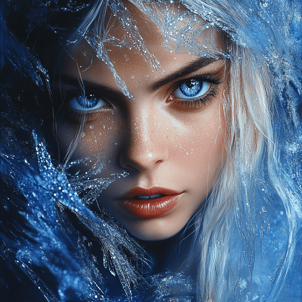 Cara delevingne as elsa, frozen, surrounded by ice, black backdrop background, dynamic portrait, hyperrealism, highly detailed raw color art, bokeh