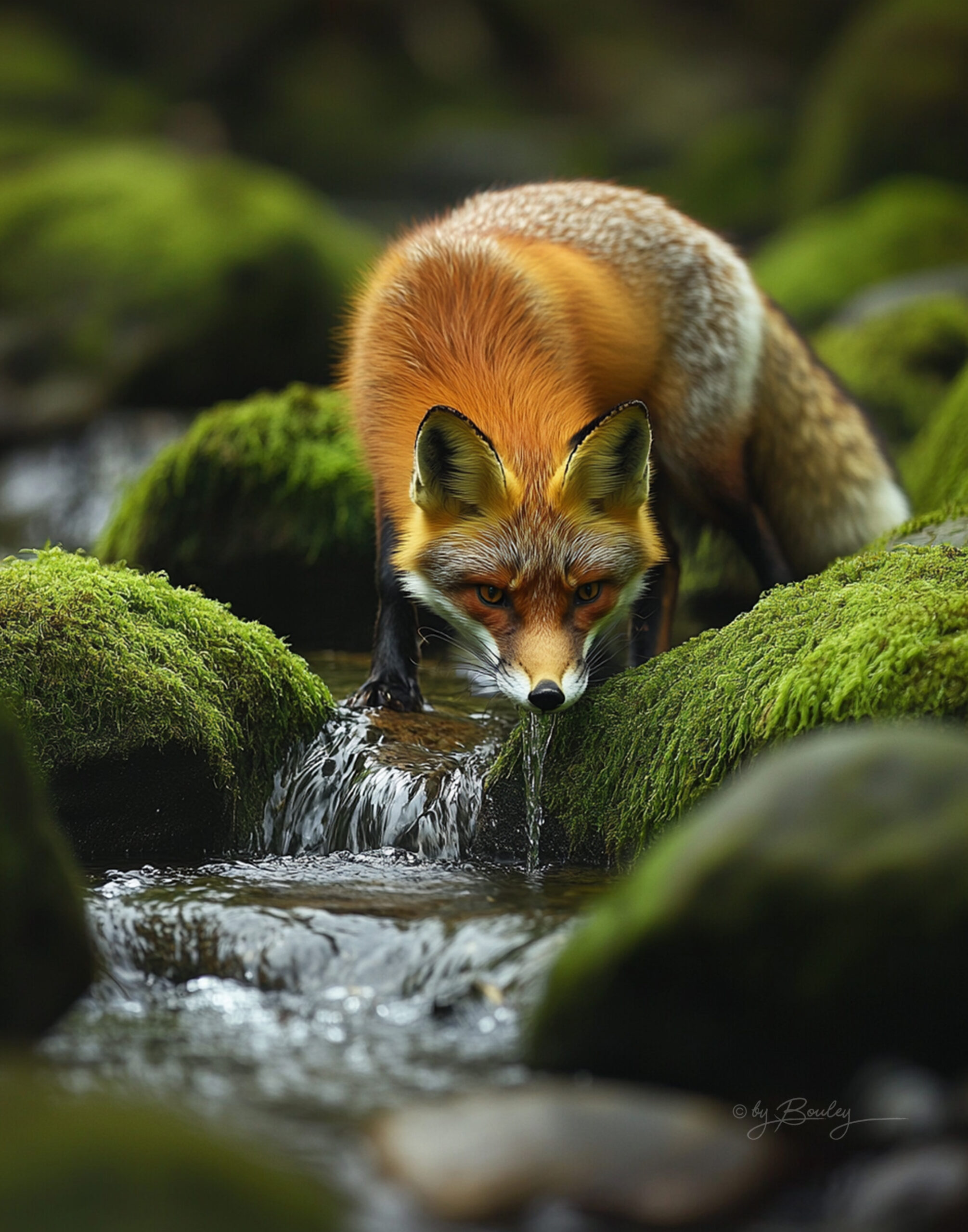 Beautiful green, mossy rocks with flowing water, soft focus, in the forest, in high definition, captured by a canon eos camera, slow shutter speed, fox drinking, high depth of field, high resolution, high detail --ar 4:5 --v 6. 1