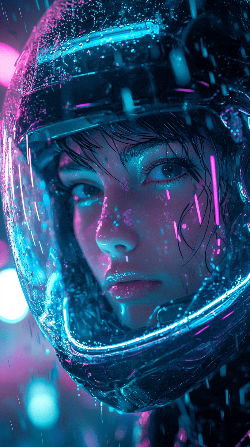 A close-up portrait of a woman wearing a cyberpunk helmet, featuring a transparent visor that fully reveals her face. The helmet is adorned with intricate, glowing wires that weave throughout the interior, casting a soft neon glow in shades of electric blue and violet. Raindrops delicately bead and run down the outside of the visor, refracting the light and adding a dramatic effect. The woman's expression is intense and focused, her eyes illuminated by the soft glow, highlighting her features with sharp clarity. The background is blurred, suggesting a futuristic cityscape bathed in rain, with the helmet's reflections adding to the scene's depth and atmosphere. The overall composition captures a blend of futuristic technology and human emotion, set against a backdrop of neon-lit rain --ar 9:16 --v 6. 1 --quality 2