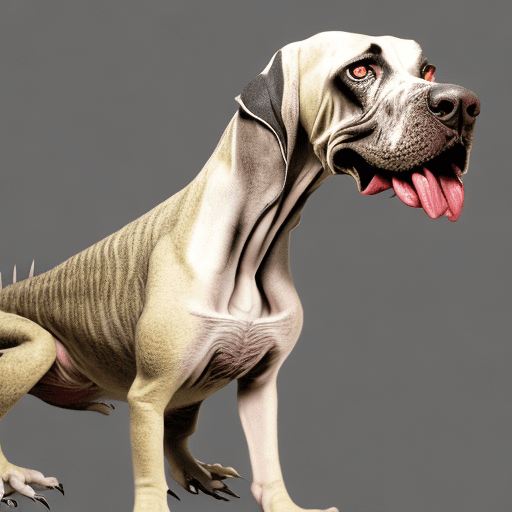 Imagine a hybrid creature combining the body of a velociraptor::3 and the face of a light sandy-colored great dane::2. The creature features the velociraptor’s sleek, agile body with reptilian skin, a long tail, and powerful hind legs::3. Its face resembles a great dane, with large floppy ears and drooping jowls::2. The expression is playful and mischievous, with drool hanging from its jowls::1, capturing the energy and agility of a raptor with the distinct features of a great dane::2.