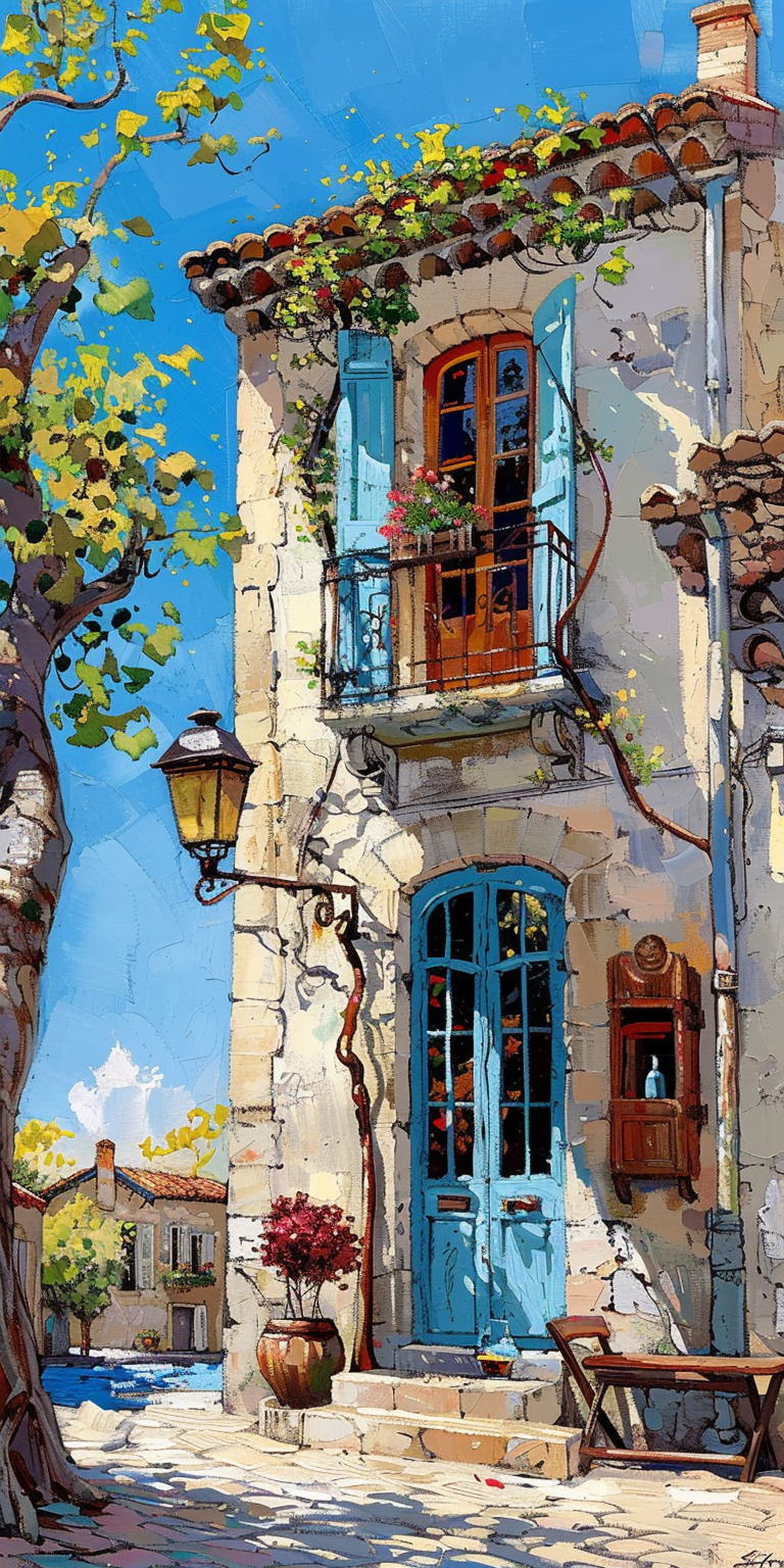 Impressionist painting of a french manor house in provence, oil on canvas, in the style of paul cezanne, european elegance, wide angle view of the landscaping, charming facade with lush vines that climb up the stucco walls, exaggerated brushstrokes, french countryside tones, detailed --ar 1:2 --personalize 2gwf1qc --stylize 750 --v 6