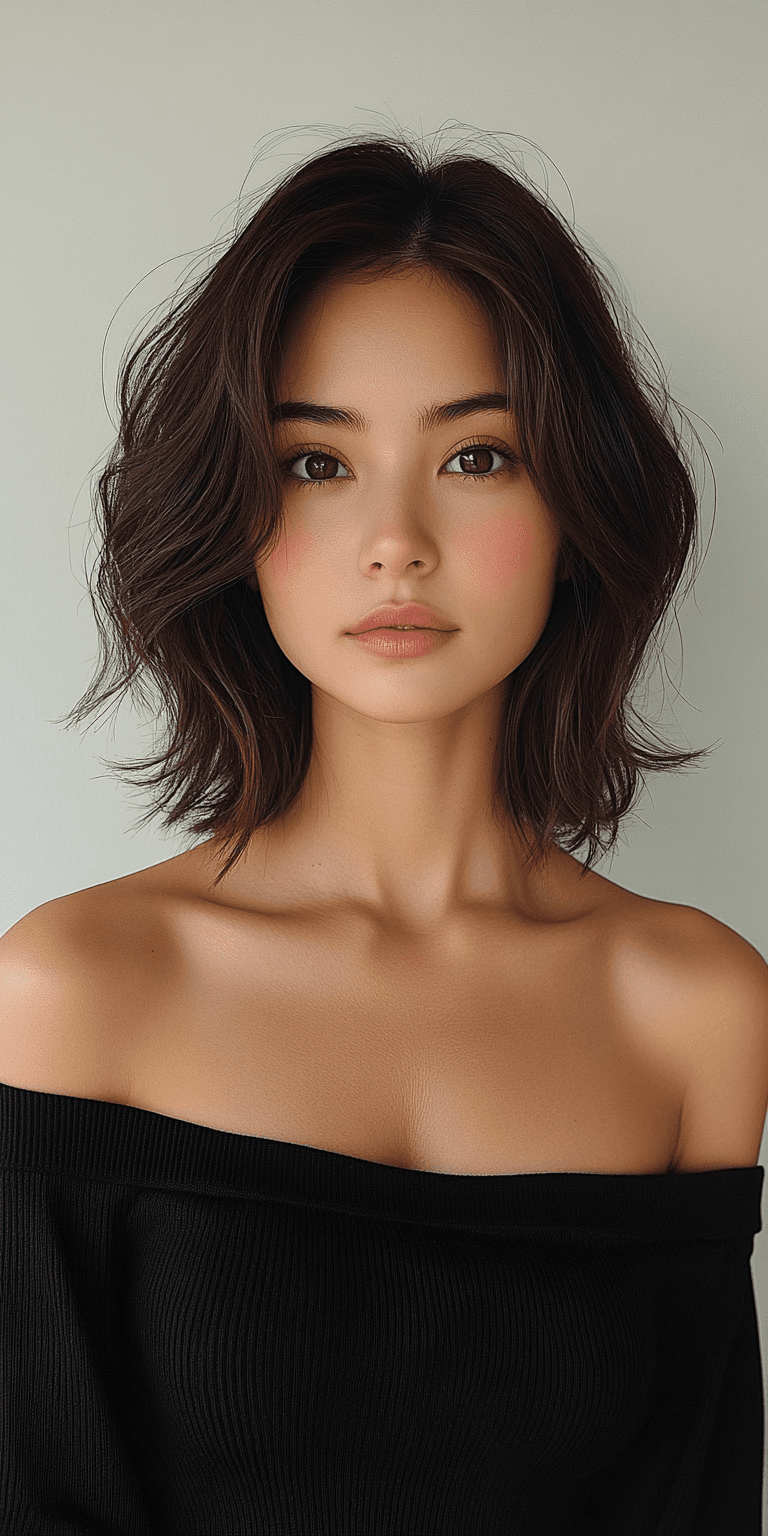 Photo of a beautiful japanese woman wearing a black off-the-shoulder top with a cute hairstyle against a plain white background, shoulder-length, wavy brown hair in a bob cut, high-quality upper body shot --ar 1:2 --stylize 750 --v 6. 1
